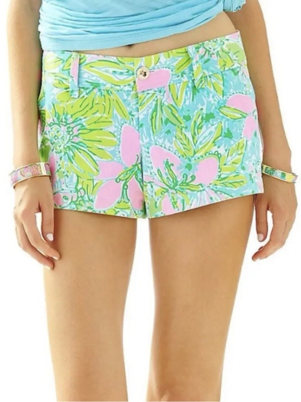 Lilly Pulitzer Aqua Floral High Waist Shorts with Pink Accents